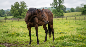 Pferd mit einer Kolik auf einer Weide. Das Pferd schaut besorgt Richtung Bauch. Wie erkennst du eine Kolik am besten?
